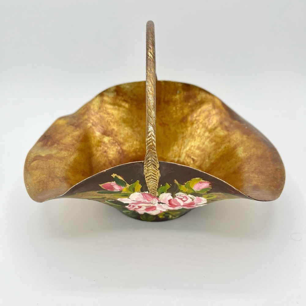 VINTAGE REVERE ROME NY PLATED COPPER / BRASS BASKET HAND PAINTED FLORAL DESIGN